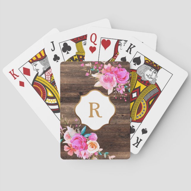 Baralho Monograma Dourado Flores Rosa Marrom Rústico Madei (Verso)