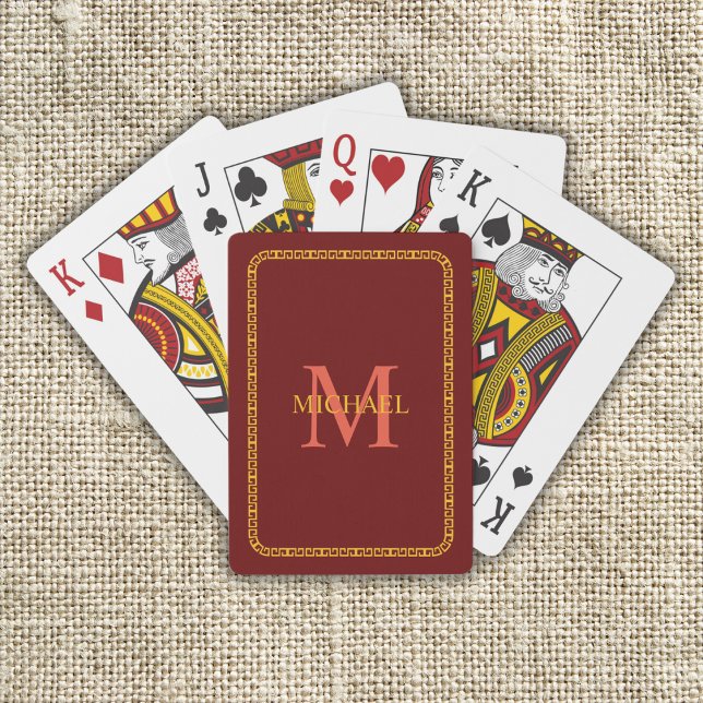 Baralho Monograma e Nome Personalizados Vermelho e Dourado (Red and Gold Personalized Monogram and Name Poker Cards)