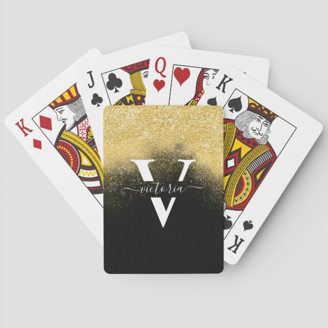Baralho Monograma Elegante de Brilho Dourado com brilho (Verso)