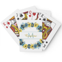 Monograma Floral Floral de Outono Dourado Azul