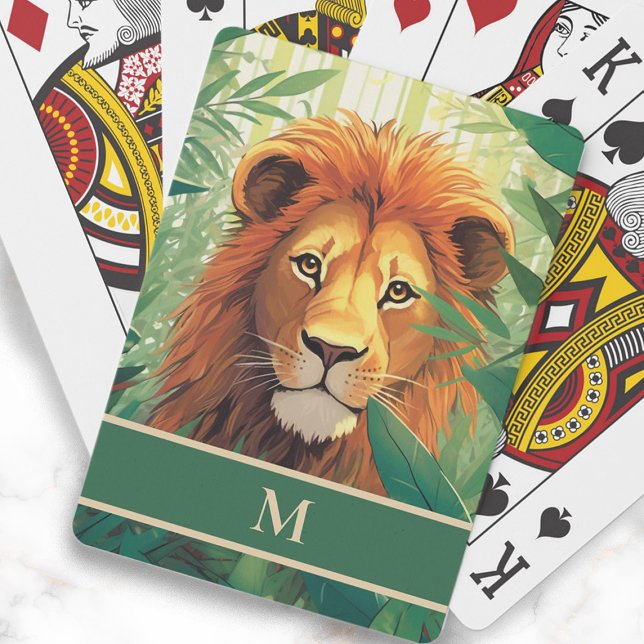 Baralho Monograma Inicial de Pintura da Selva de Leão (Lion in the jungle painting playing cards, personalized with your monogram)
