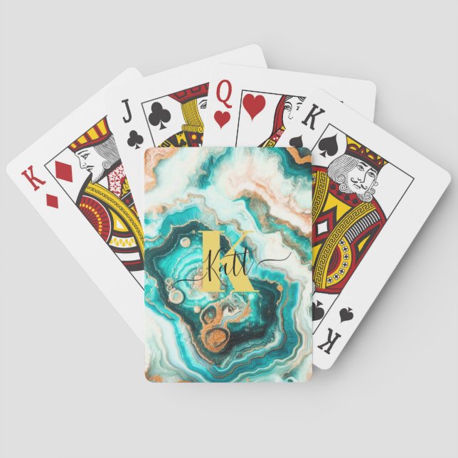 Baralho Monograma Moderno Personalizado de Ouro Aqua Agate (Verso)