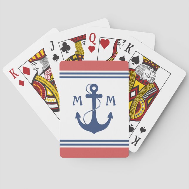 Baralho Monograma náutico vermelho da âncora (Verso)