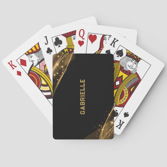 Baralho Monograma personalizado de brilho preto e dourado (Verso)