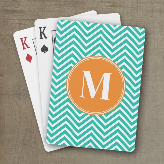 Baralho Monograma Personalizado de Cevrons Laranja e Esmer (Personalized playing cards with monogram or custom text)