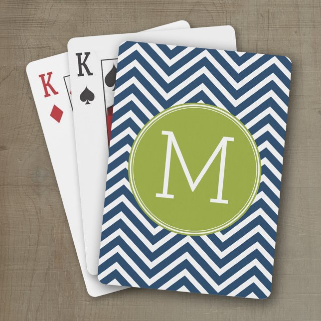 Baralho Monograma Personalizado de Chevrons Azul e Verde l (Personalized playing cards with an area for text such as a name or monogram)