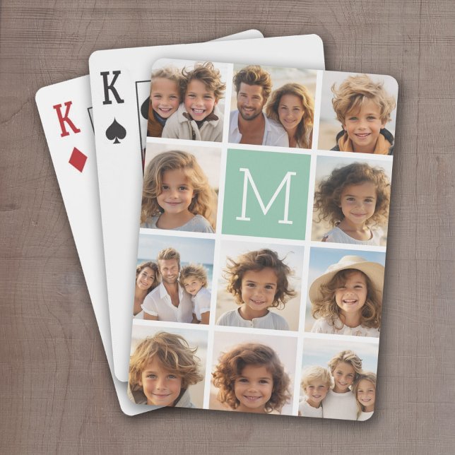 Baralho Monograma Personalizado de Colagem de Fotografias  (Personalized Playing Cards with 11 Photos and a bright monogram in the center)