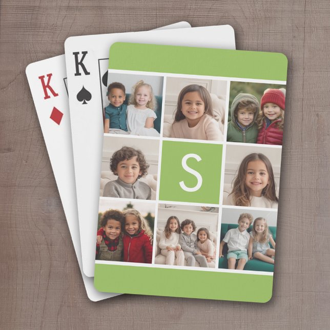 Baralho Monograma Personalizado de Colagem de Fotos Branca (Add 8 photos and personalize this set of playing cards with a monogram and lime green accents)