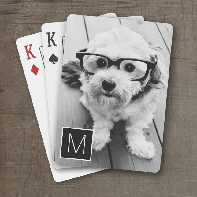 Baralho Monograma Personalizado de Colagem de Fotos Preto  (Personalized Playing Cards)