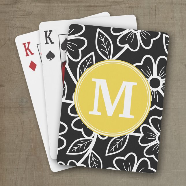Baralho Monograma Personalizado de Padrão Floral Preto e B (Personalized playing cards with a funky floral pattern and a place for a name)