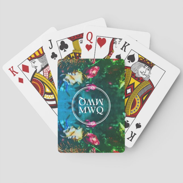Baralho Monograma Personalizado Floral na moda Verde (Verso)