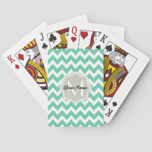 Baralho Monograma Personalizado Mint Chevron, Nome Persona