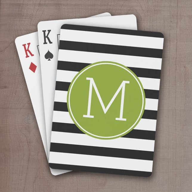 Baralho Monograma verde de padrão em branco e preto (Green and Black stripes with monogram - personalized playing cards)