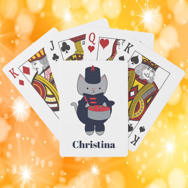 Baralho Navy Blue Red Marching Band Drum Cat Personalize (A deck of playing cards with a cat playing the snare drum in a navy blue & red marching band uniform)