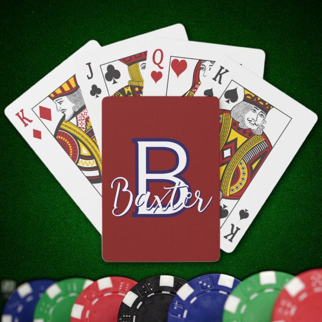Baralho Nome branco vermelho e azul e monograma personaliz (Red White & Blue Name and Monogram Personalized Poker Cards
)