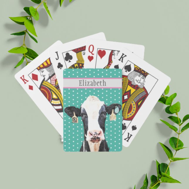 Baralho Nome de Animal de Vaca Leiteira de Cute Holstein P (Holstein cow playing cards on a pretty blue teal background.)