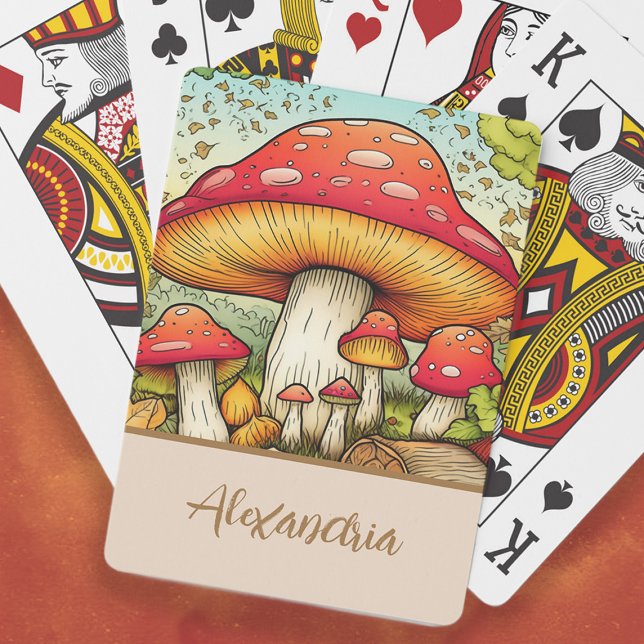 Baralho Nome de Cogumelos Vermelhos Fofos (Cute red mushrooms playing cards personalized with your name.)