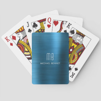 Baralho Nome do Monograma Metálico Brutado na moda Azul