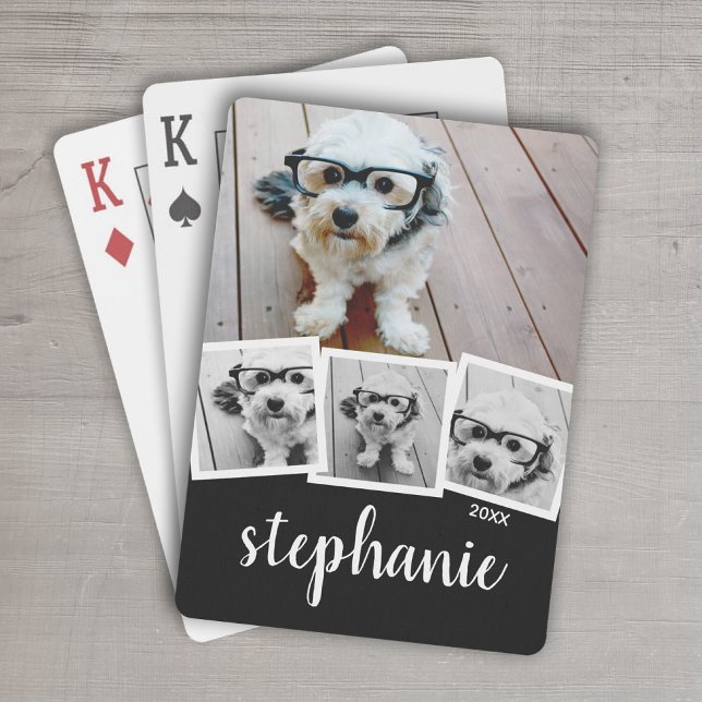 Baralho Nome do Script de Colagem de 4 Fotos Branco Preto  (Personalized Playing Cards - 6 Photo Collage)