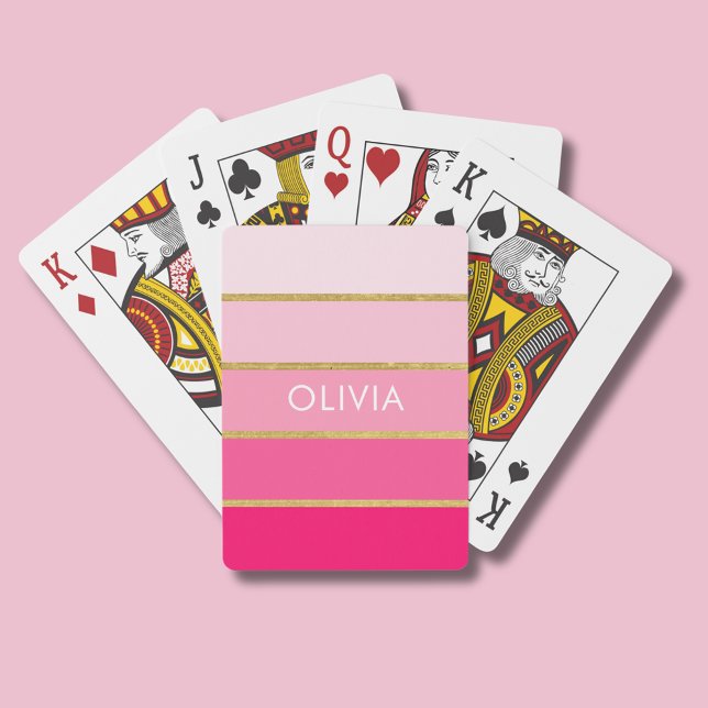 Baralho Nome Dourado e rosa brilhante personalizado (Pink and gold stripe personalized playing cards)