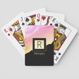 Baralho Nome & Monograma Preto & Dourado Caixa Rosa & Dour