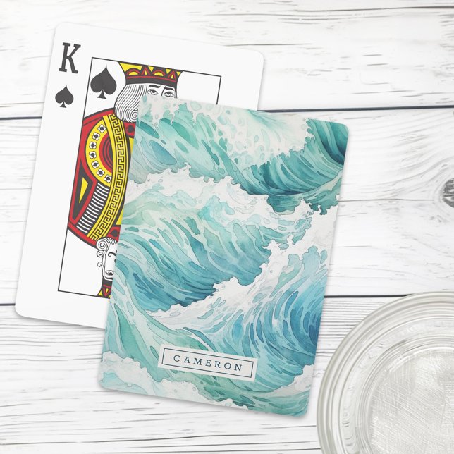 Baralho Nome personalizado das ondas azuis de cor aquática (Watercolor blue waves custom name playing cards)