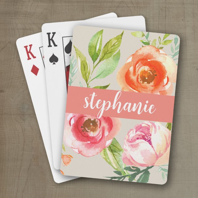 Baralho Nome Personalizado do Padrão Floral de Cores d'Águ (Personalized playing cards with watercolor flowers and a place for a name)