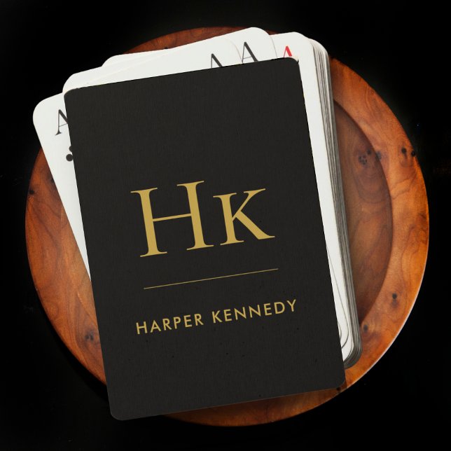 Baralho Nome Personalizado Monograma Preto Dourado (Criador carregado)