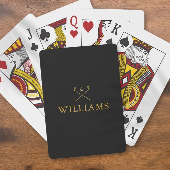 Baralho Nome Personalizado Peles de Golfe Pretos E Dourado (Personalized Name Black And Gold Golf Clubs Playing Cards)