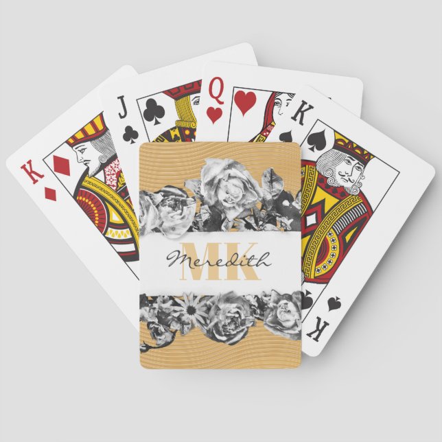 Baralho Nome Personalizável Rosas Dourados Monograma de Qu (Verso)
