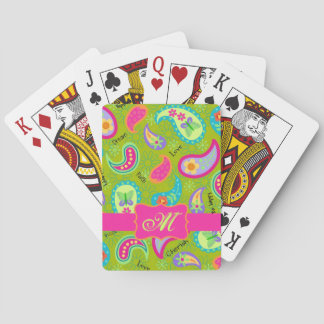 Baralho Oliveira Verde Fuchsia Rosa Moderna Paisley Monogr