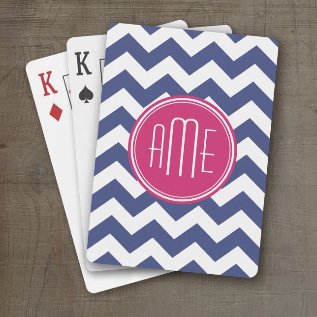 Baralho Padrão Chevron com Monograma - Magenta Marinho (Personalized Playing Cards)