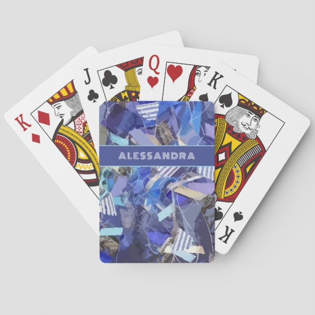 Baralho Padrão de abstrato branco roxo monograma azul (Verso)