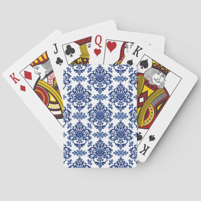 Baralho Padrão Floral Barroco de Luxo Azul Real e Branco (Verso)