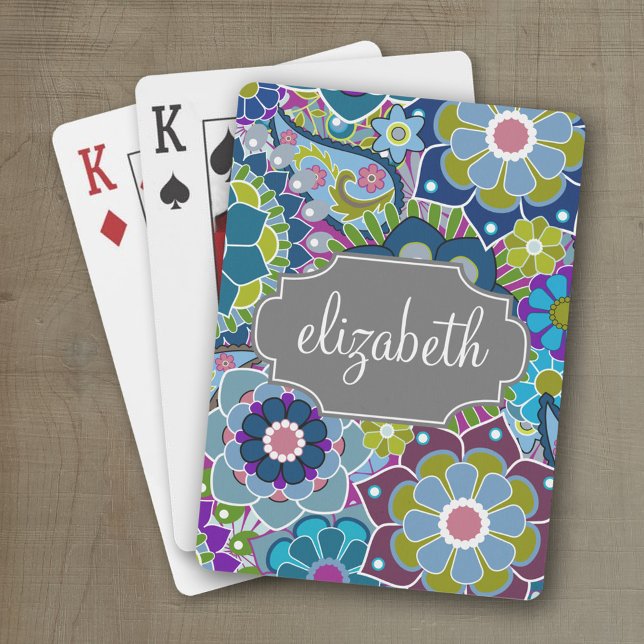 Baralho Padrão Floral Funky com Nome Personalizado - cinza (Personalized playing cards with an area for text such as a name or monogram)