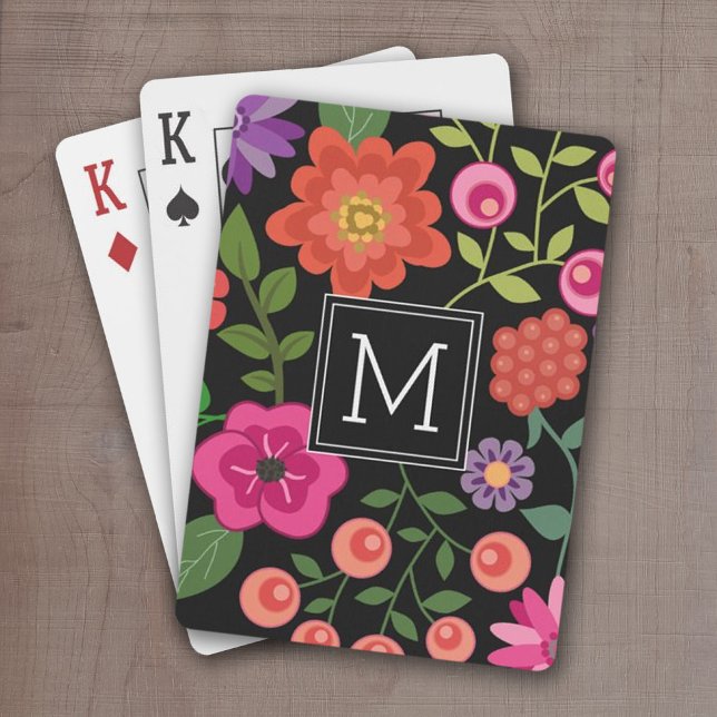 Baralho Padrão Floral Preto Trendy com Monograma Personali (Add a name or monogram to these personalized playing cards.)