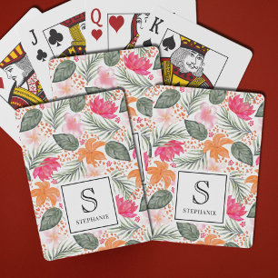 Baralho Padrão Floral Tropical de Aquarela com Monograma