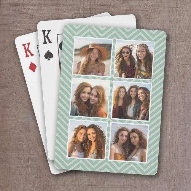 Baralho Padrão Mint Chevron com Colagem de Fotos Trendy 6 (Personalize this set of playing cards with a photo collage and and chevron pattern)