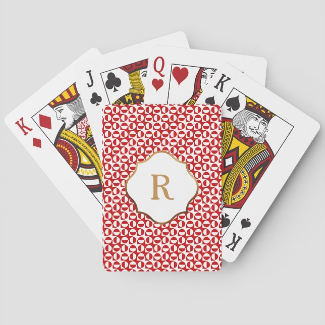 Baralho Padrão Retro Diagonal Vermelho e Branco com Monogr (Verso)