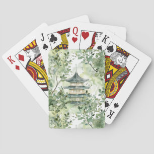 Baralho Pagoda Asiática de Aquarela na Paisagem Verdante (