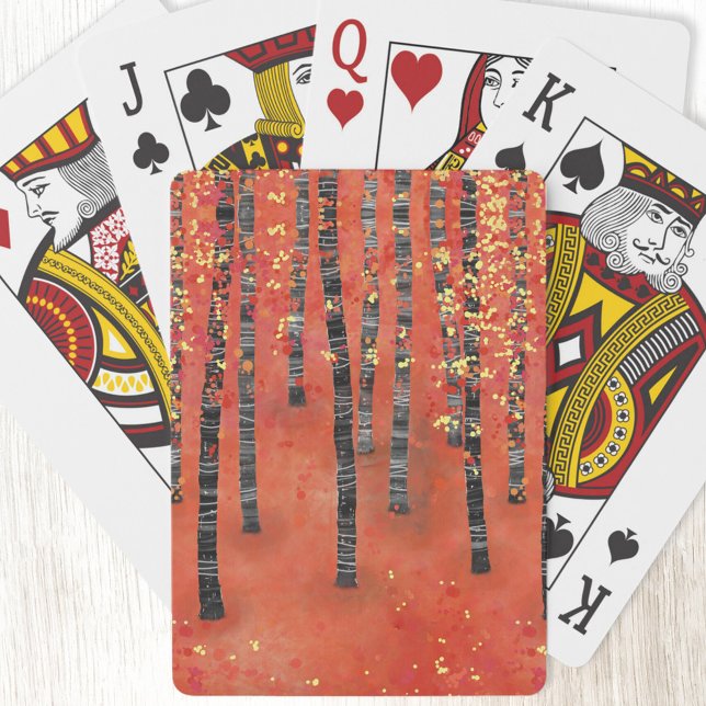 Baralho Paisagem da Floresta Birch (Birch aspen tree forest abstract red art playing cards)