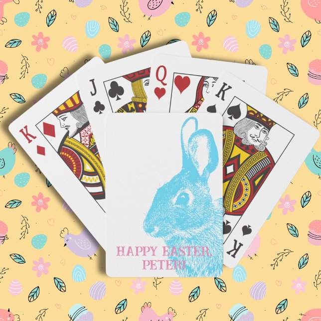Baralho Páscoa de coelho azul simples (Cute Easter bunny playing cards with stamp like rabbit from a real photo. Customizable with name.
)