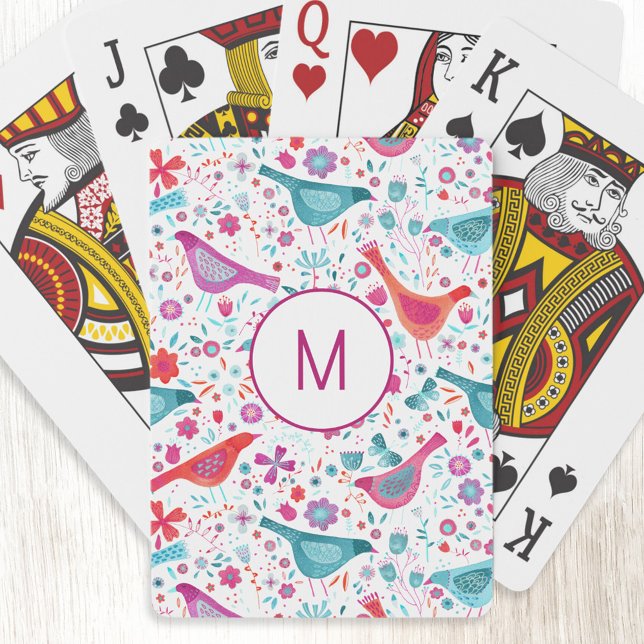 Baralho Pássaros com aquarela em um Jardim de Monograma de (Watercolor bird and wildflower personalized monogram initial art playing cards)