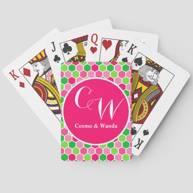 Baralho Personalized Monogram Pink Green Cosmo Honeycomb (Verso)