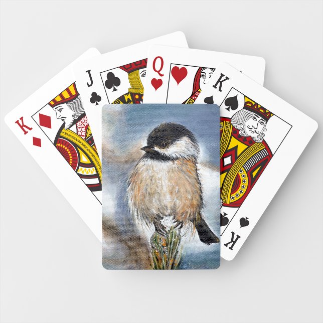 Baralho Pintura de inverno em Pássaro Chickadeado Preto (Black Capped Chickadee Bird Winter Painting Playing Cards from Jenn's Emporium. )