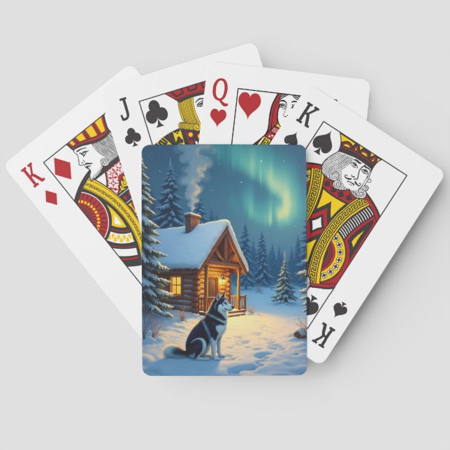 Baralho Pintura de Natal de Cabana Nevada com Husky Siberi (Verso)