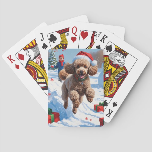 Baralho Poodle Correndo na Neve com Chapéu de Natal (Verso)