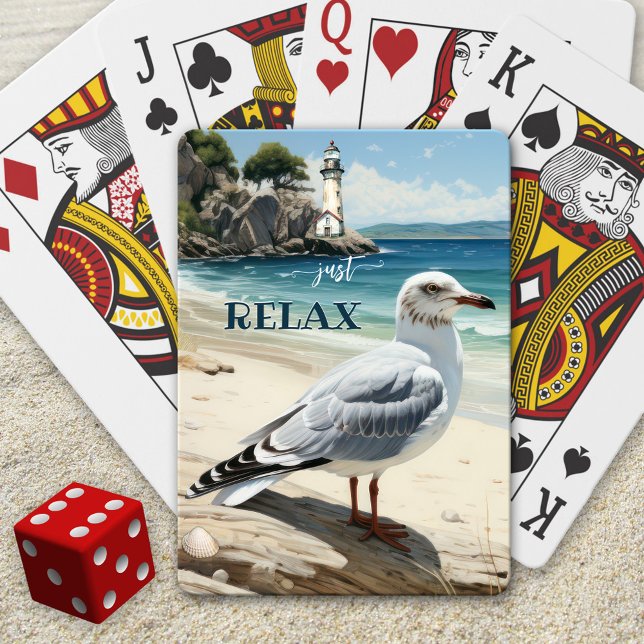 Baralho Praia Costeira do Farol de Seagull (Playing cards showing an elegant illustration of a relaxing beach scene with lighthouse and seagull)