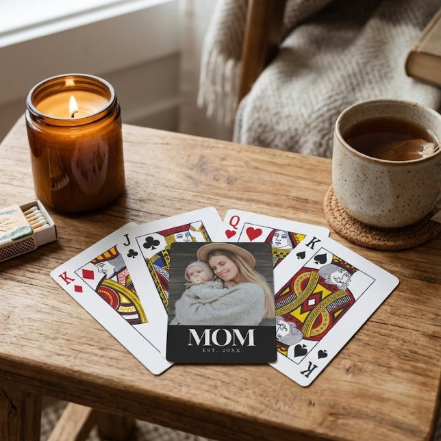 Baralho Presente de Foto com Tipografia Branca Estabelecid (Mom Established White Typography Photo Gift Poker Cards)
