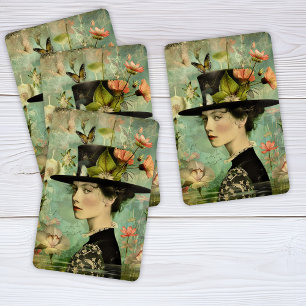 Baralho Retrato Whimsical de uma Senhora com Flores